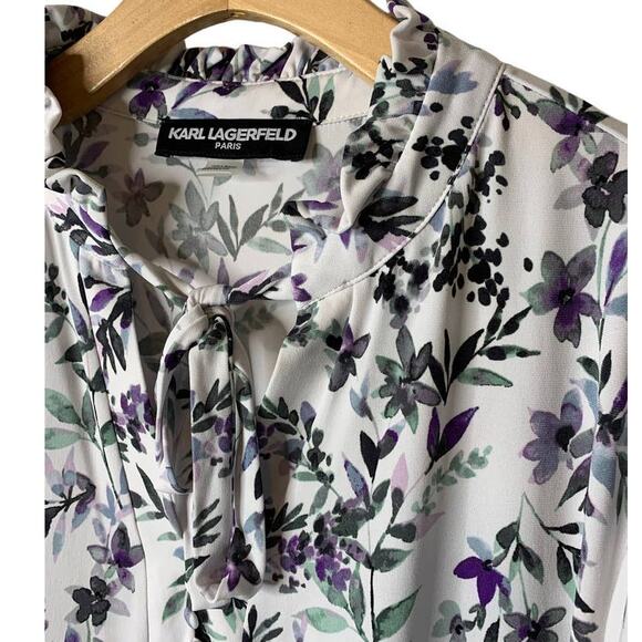Karl Lagerfeld White Floral Jersey Tie-Neck Short Sleeve Blouse Plus Size 2X - Picture 3 of 8